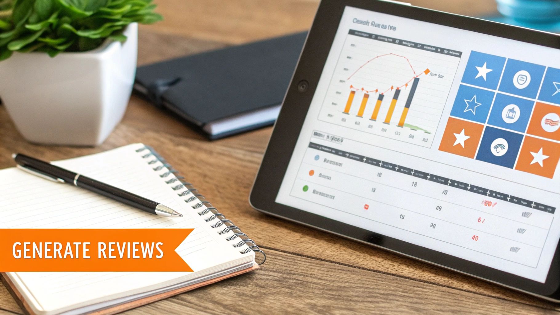 A tablet displaying business analytics and charts on a wooden desk, with a notebook, pen, and a plant, and a banner reading 'GENERATE REVIEWS'.