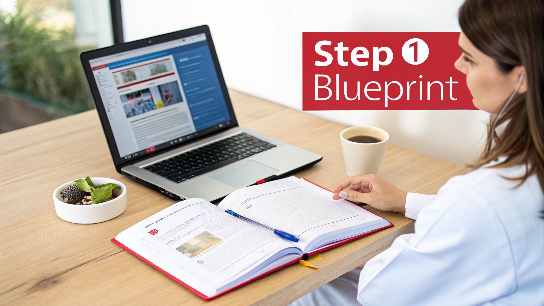 Woman in white coat studies for USMLE Step 1 with laptop, textbook, coffee, and plant on a desk.