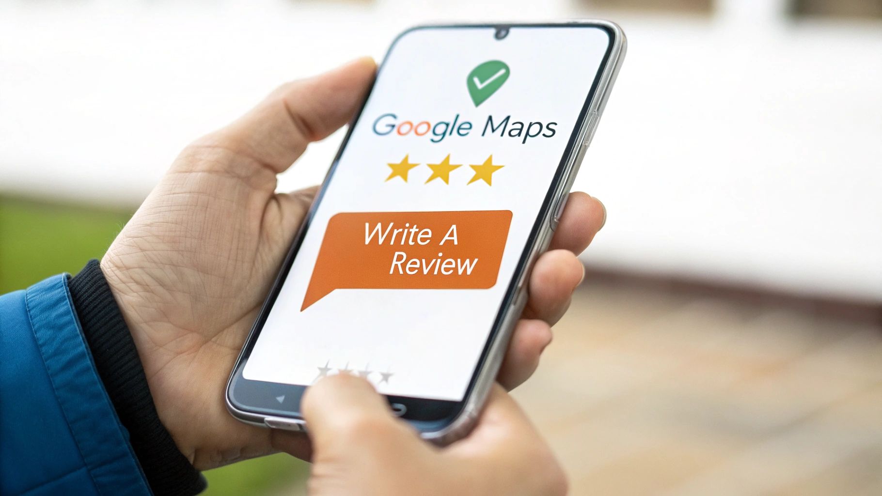 Person holding smartphone displaying Google Maps, prompted to 'Write A Review' with three stars selected.