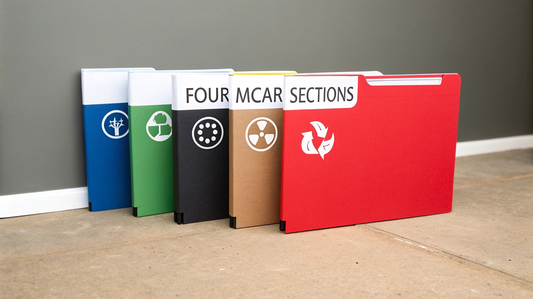 Five colorful binders with different symbols and text 'FOUR MCAR SECTIONS' stand against a grey wall.