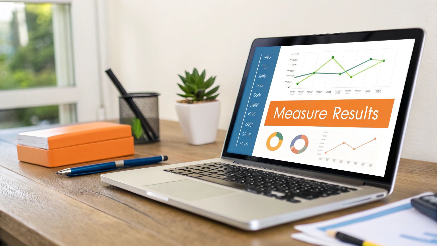 Laptop displaying 'Measure Results' presentation with charts and graphs on a wooden desk.