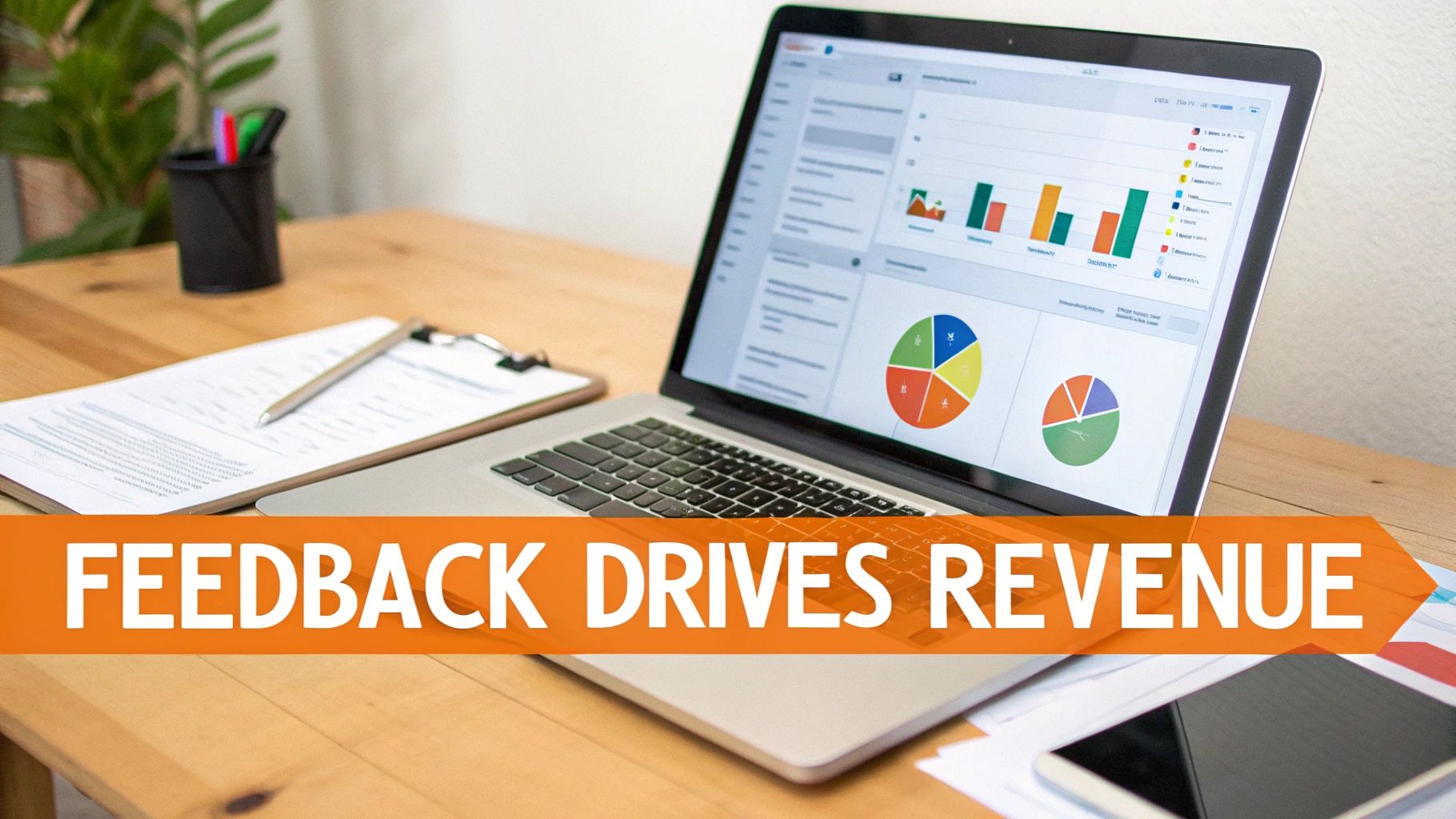 A business owner analyzing customer feedback data on a laptop, with charts and graphs indicating revenue growth.