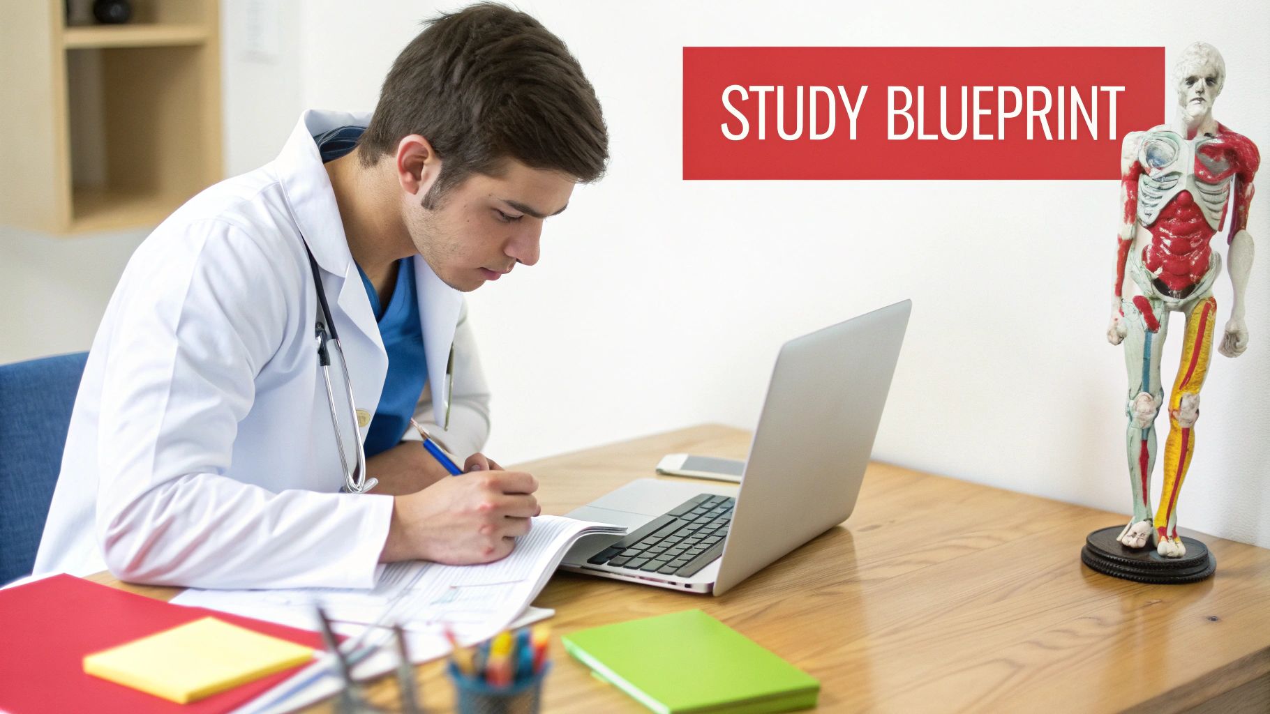 A medical student studying with a laptop and textbooks, looking focused and organized.