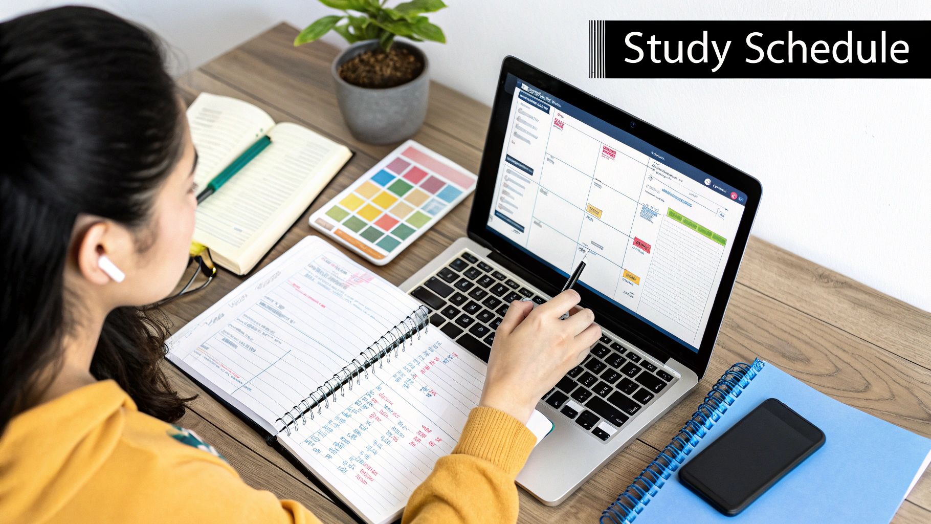A medical student at a desk with books and a laptop, studying for exams