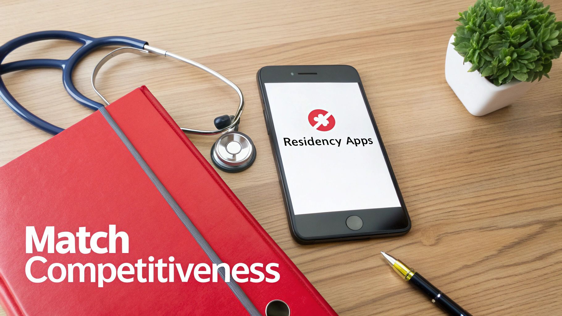A medical desk setup with a stethoscope, a red binder for 'Match Competitiveness', and a smartphone displaying 'Residency Apps'.