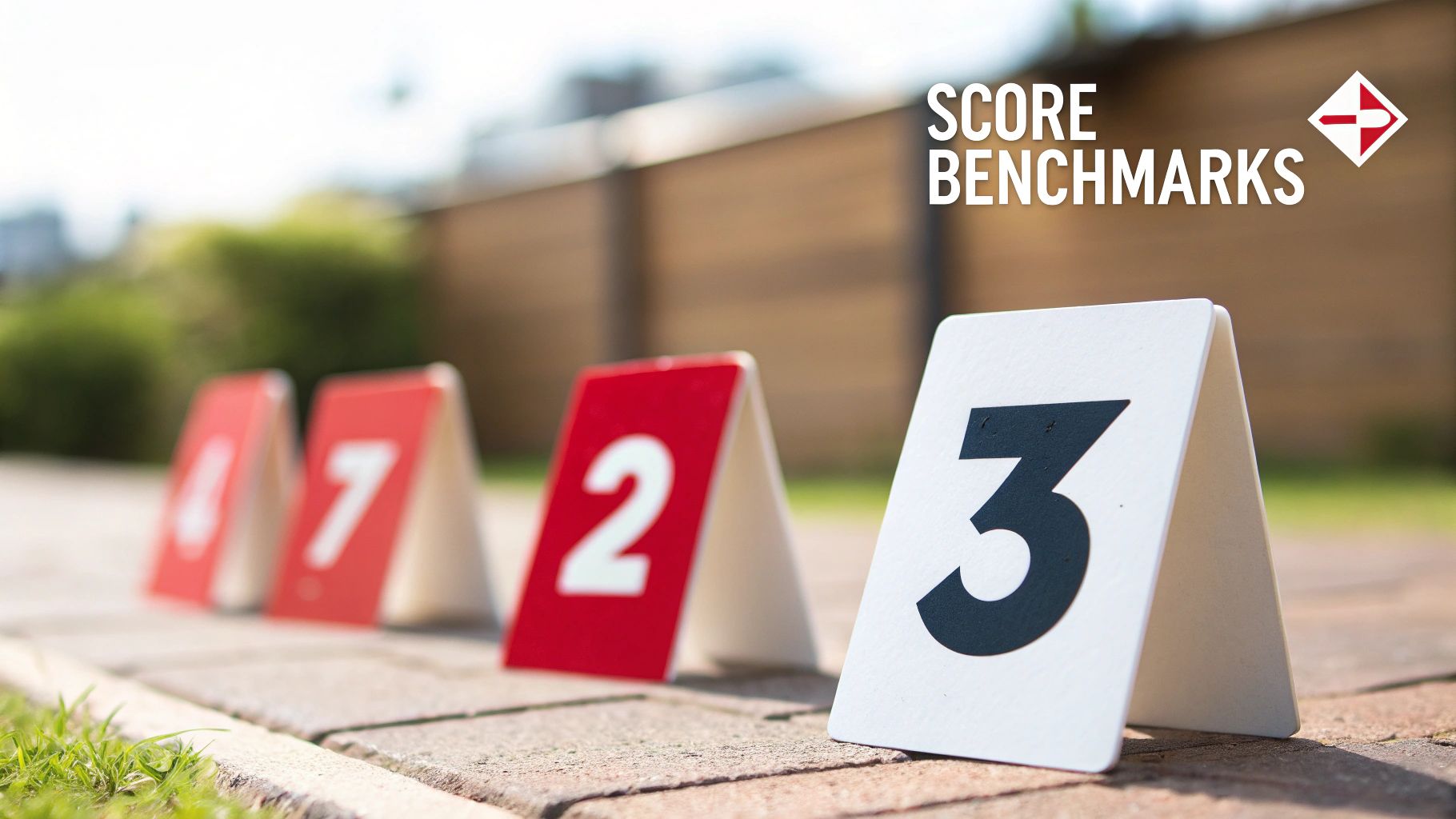 Numbered markers, including 3, 2, 7, 4, indicating score benchmarks on an outdoor path.