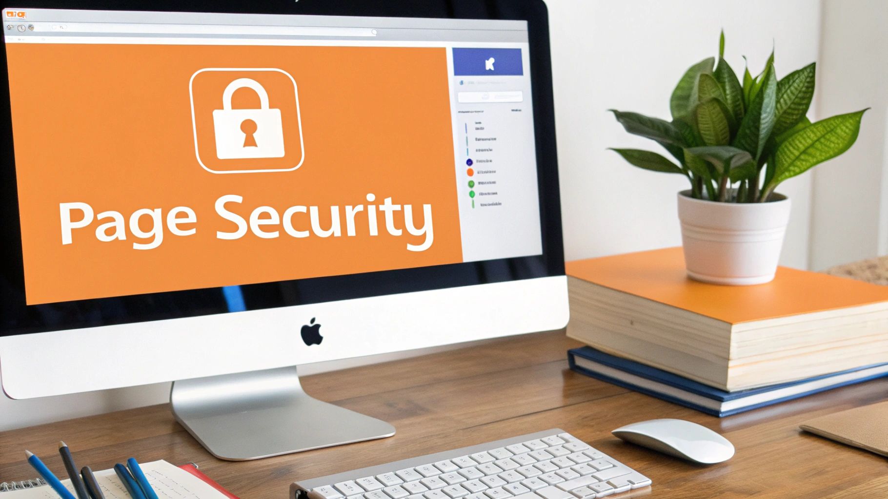 A computer monitor displaying 'Page Security' with a lock icon, on a desk with a plant and books.