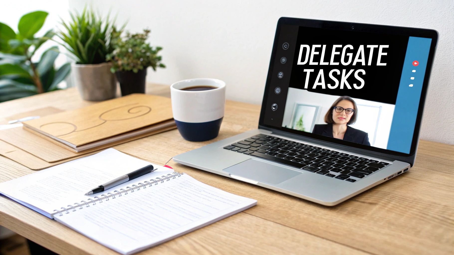 A laptop on a desk showing a video conference with text 'DELEGATE TASKS', alongside notebooks and coffee.