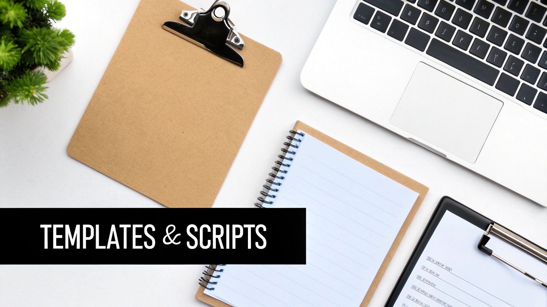 Overhead view of a white desk with a laptop, clipboards, notebook, and a plant, featuring 'TEMPLATES & SCRIPTS'.
