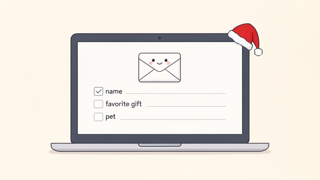A cartoon laptop screen shows a happy email icon, a Santa hat, and a Christmas wishlist form.
