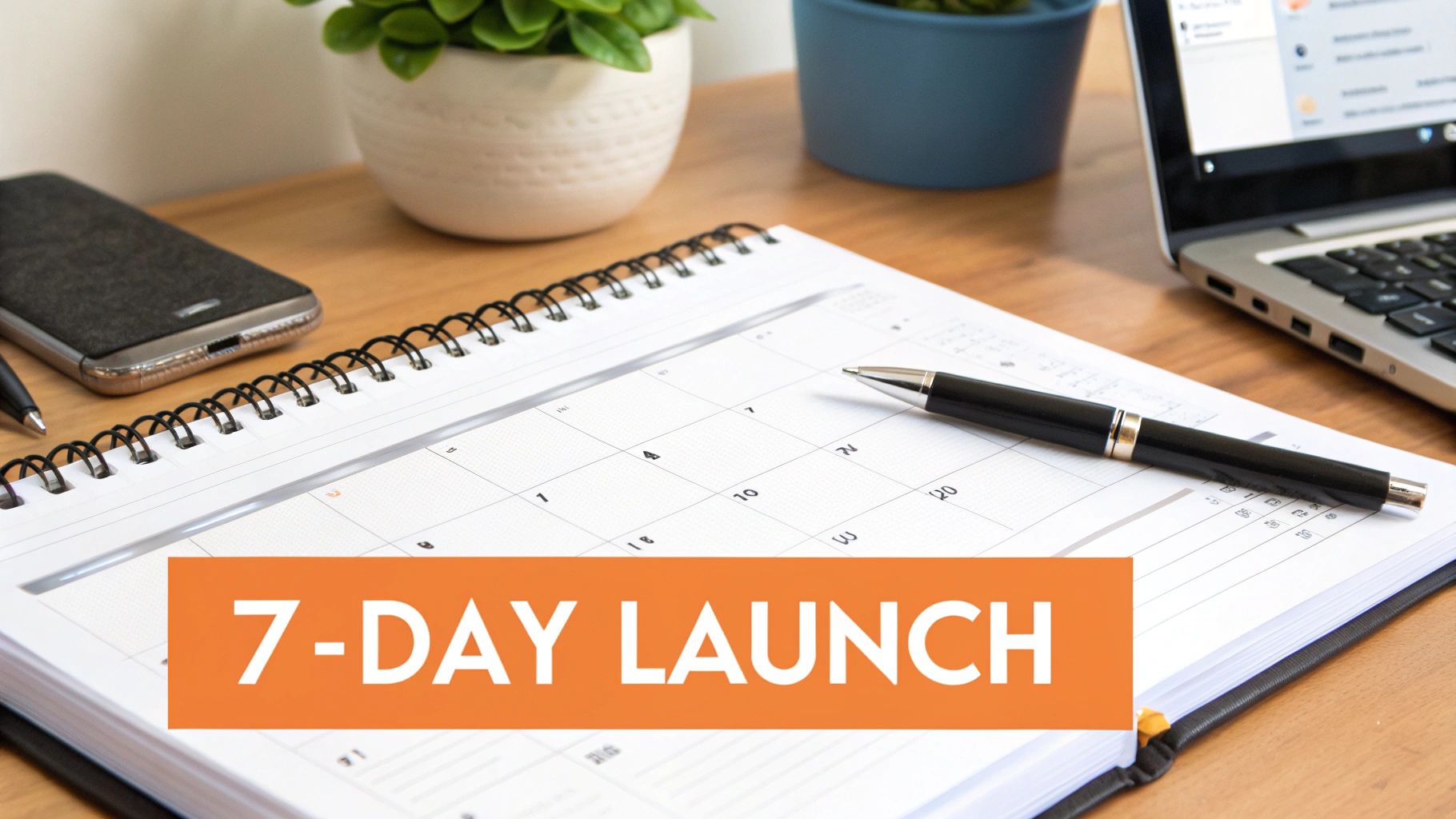 A close-up of a desk with a calendar open to a blank week, a pen, phone, and laptop, with '7-DAY LAUNCH' text.