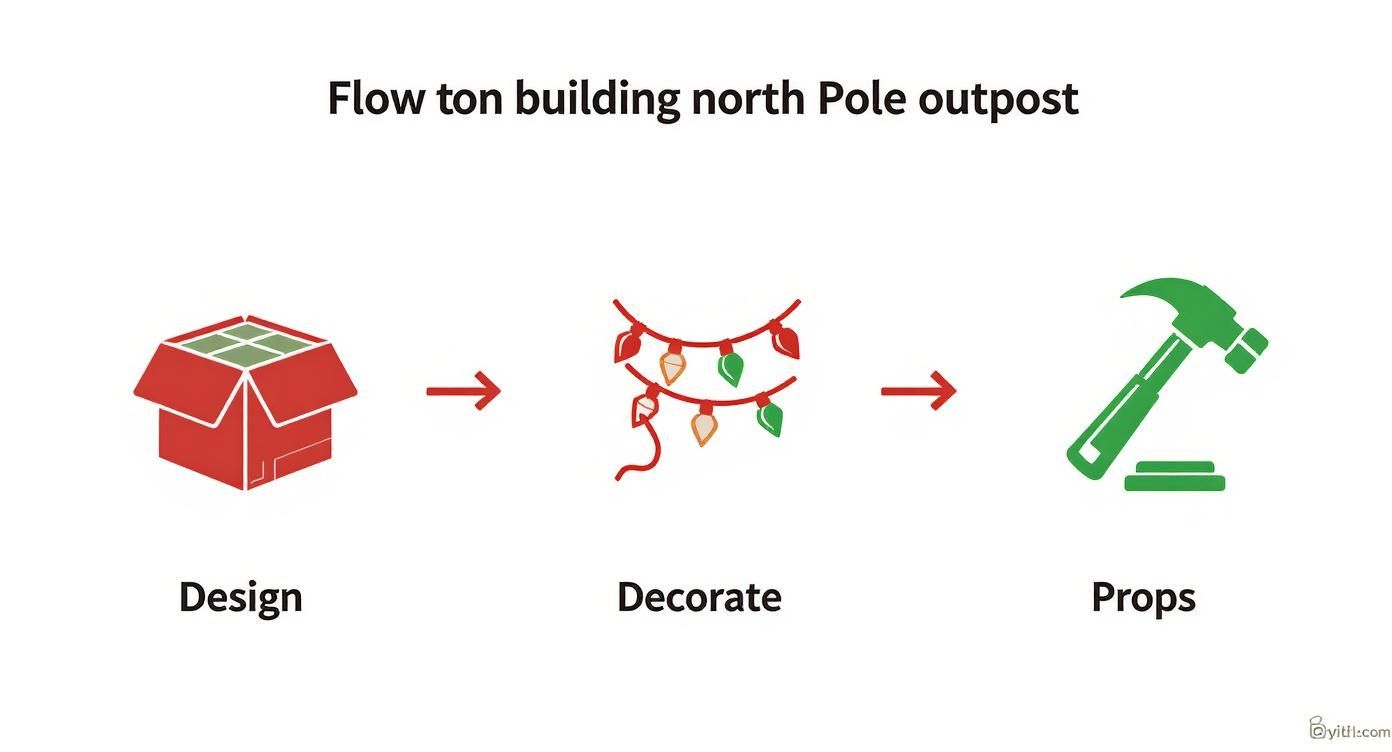 Three-step flowchart showing design, decorate, and props stages for building North Pole outpost