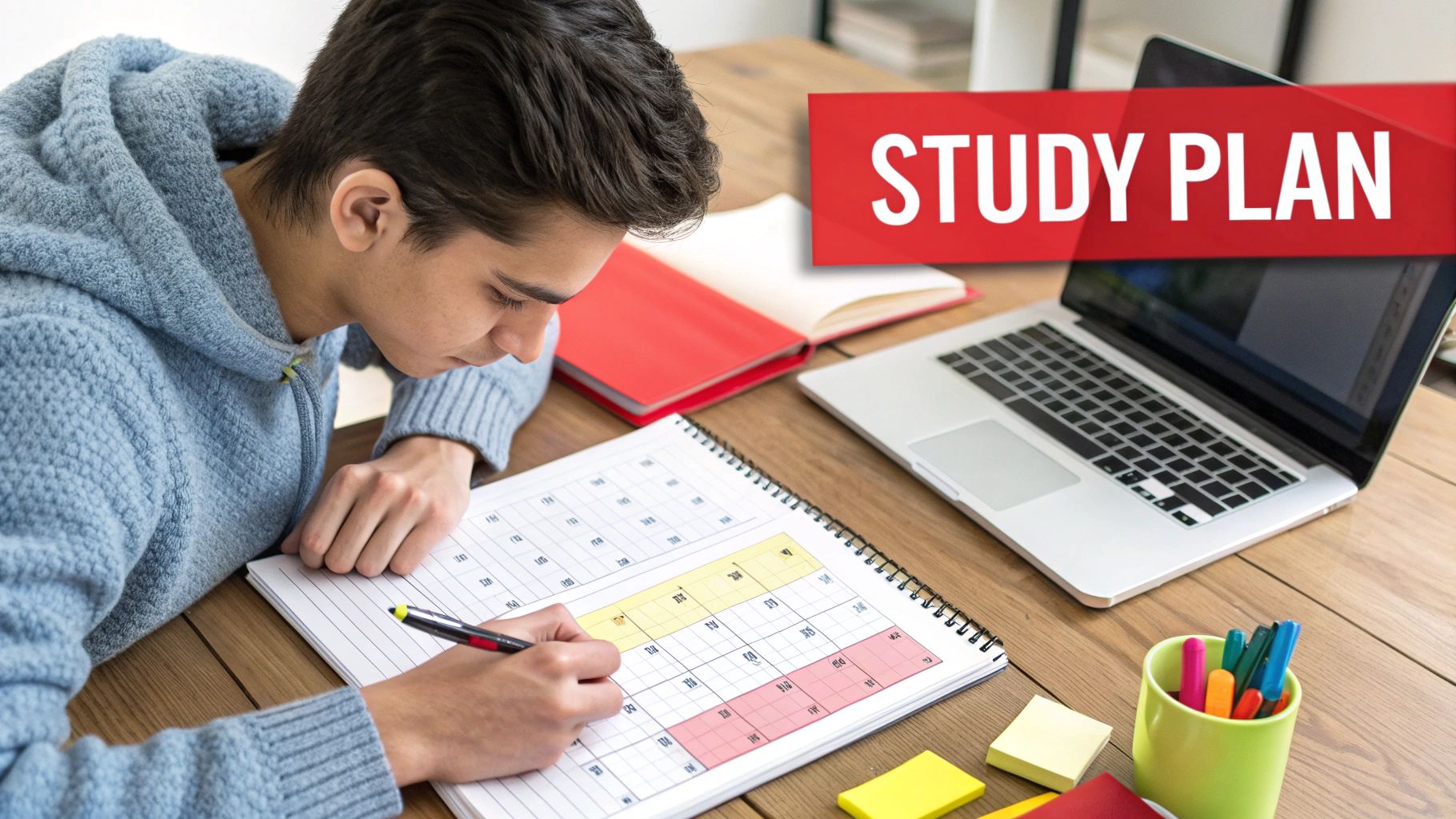 A student in a blue hoodie actively writing in a study planner on a wooden desk.
