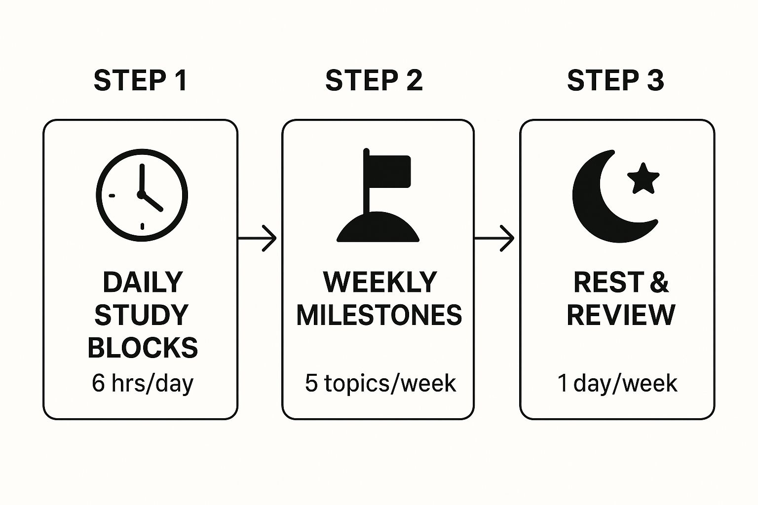 Infographic showing a three-step process for a COMLEX Level 1 study schedule: Daily Study Blocks (6 hrs/day), Weekly Milestones (5 topics/week), and Rest & Review (1 day/week).