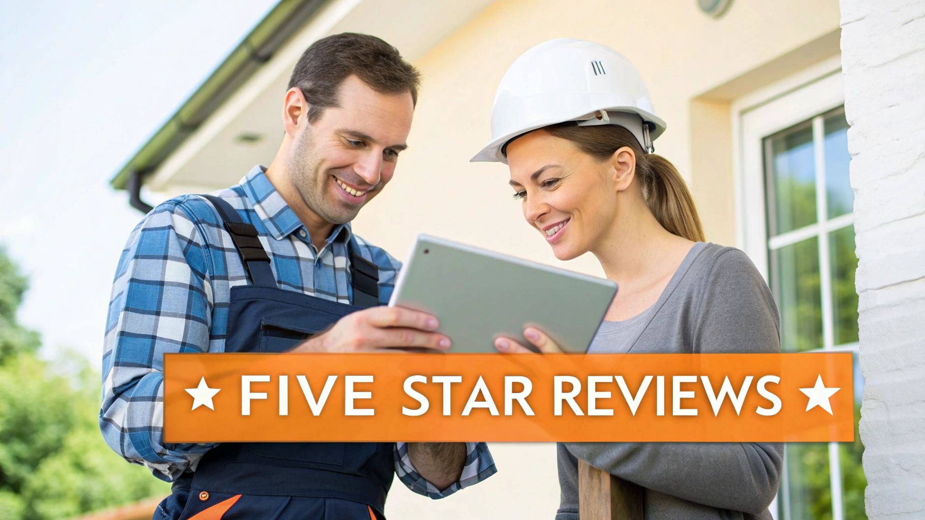 A smiling male contractor and female customer in a hard hat looking at a tablet.