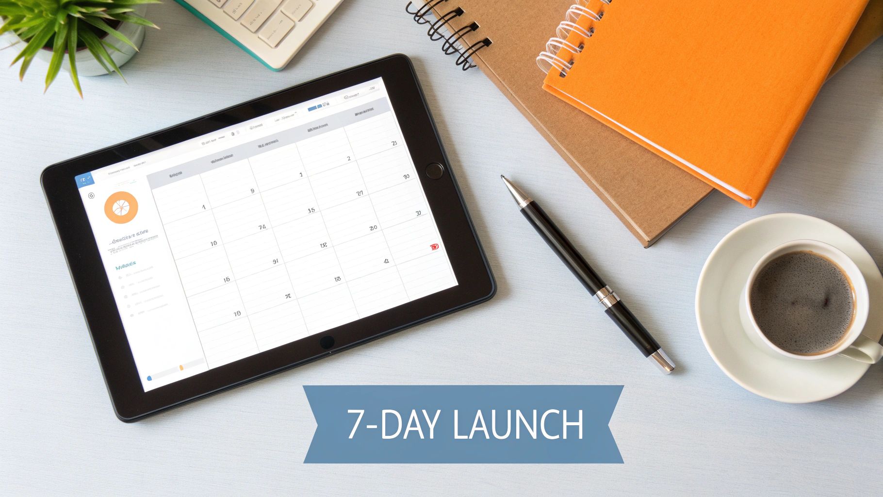 Overhead view of a modern office desk with a tablet displaying a calendar, notebooks, coffee, and a pen, emphasizing '7-DAY LAUNCH'.