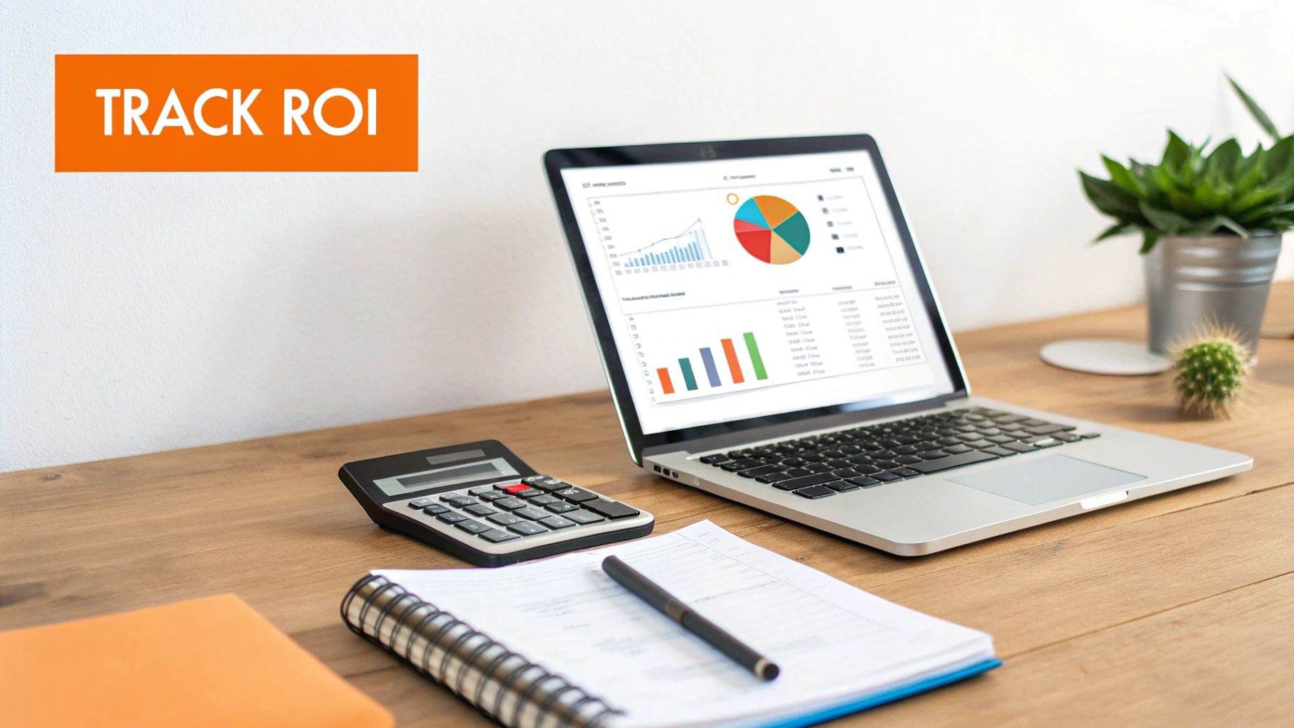 A desk setup with a laptop showing financial charts, a calculator, and a notebook, with text 'TRACK ROI'.