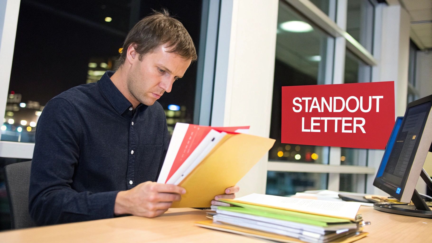 A professional man reviews application letters and folders in an office at night with a 'STANDOUT LETTER' graphic.