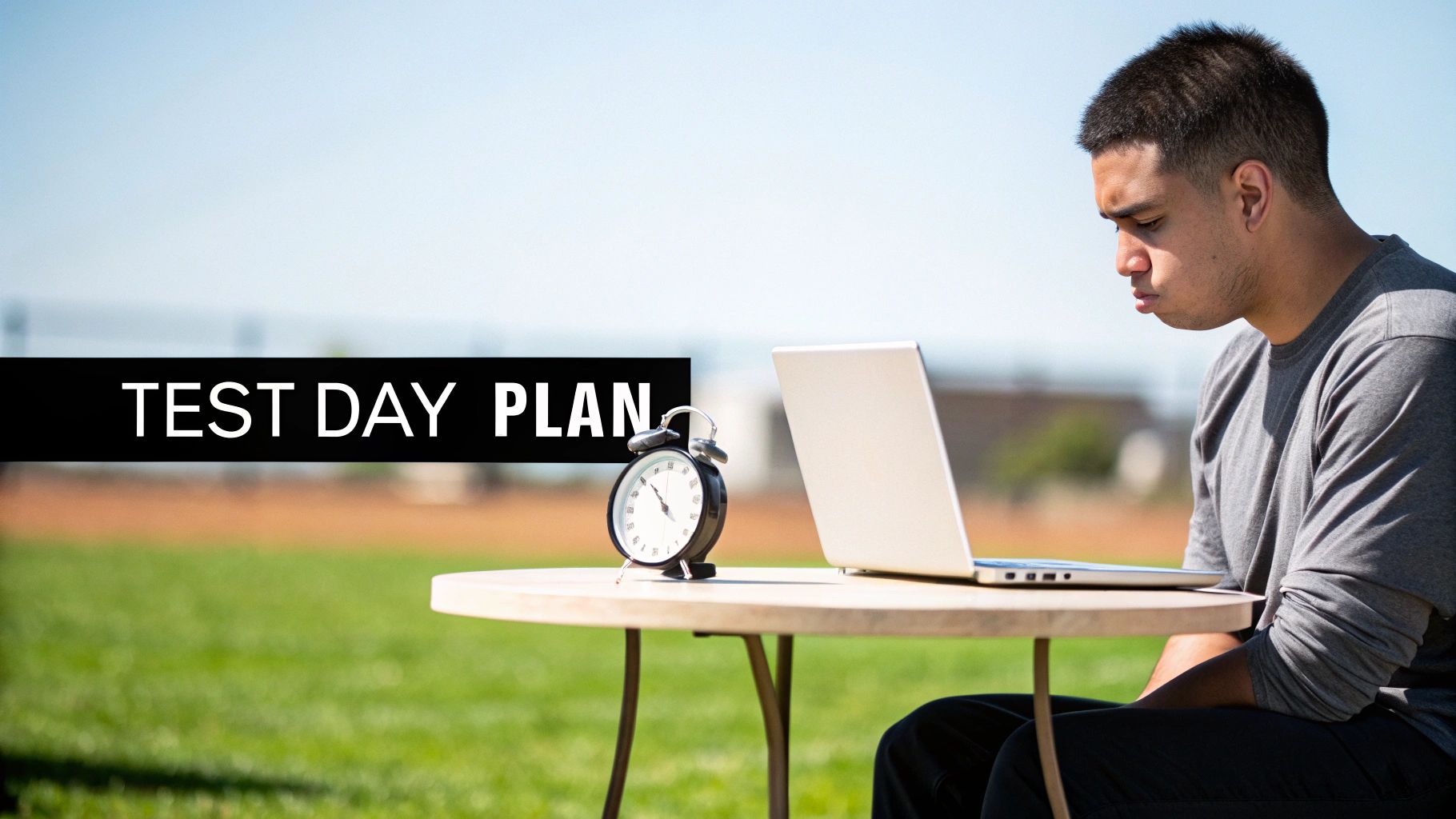A person sitting at a desk, focused on a computer screen, symbolizing intense exam preparation and focus.