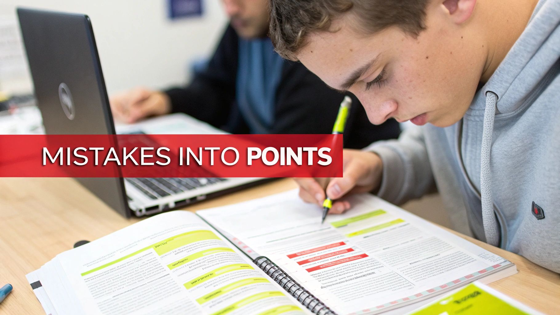 Young student actively studying a textbook with a pen, a laptop nearby, banner says 'MISTAKES INTO POINTS'.