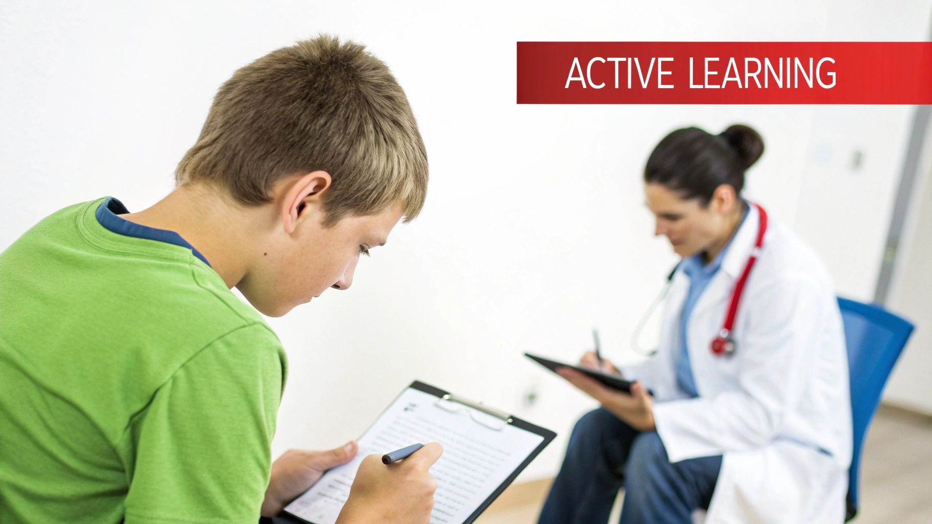A young man actively fills out a medical form while a female physician writes in the background.