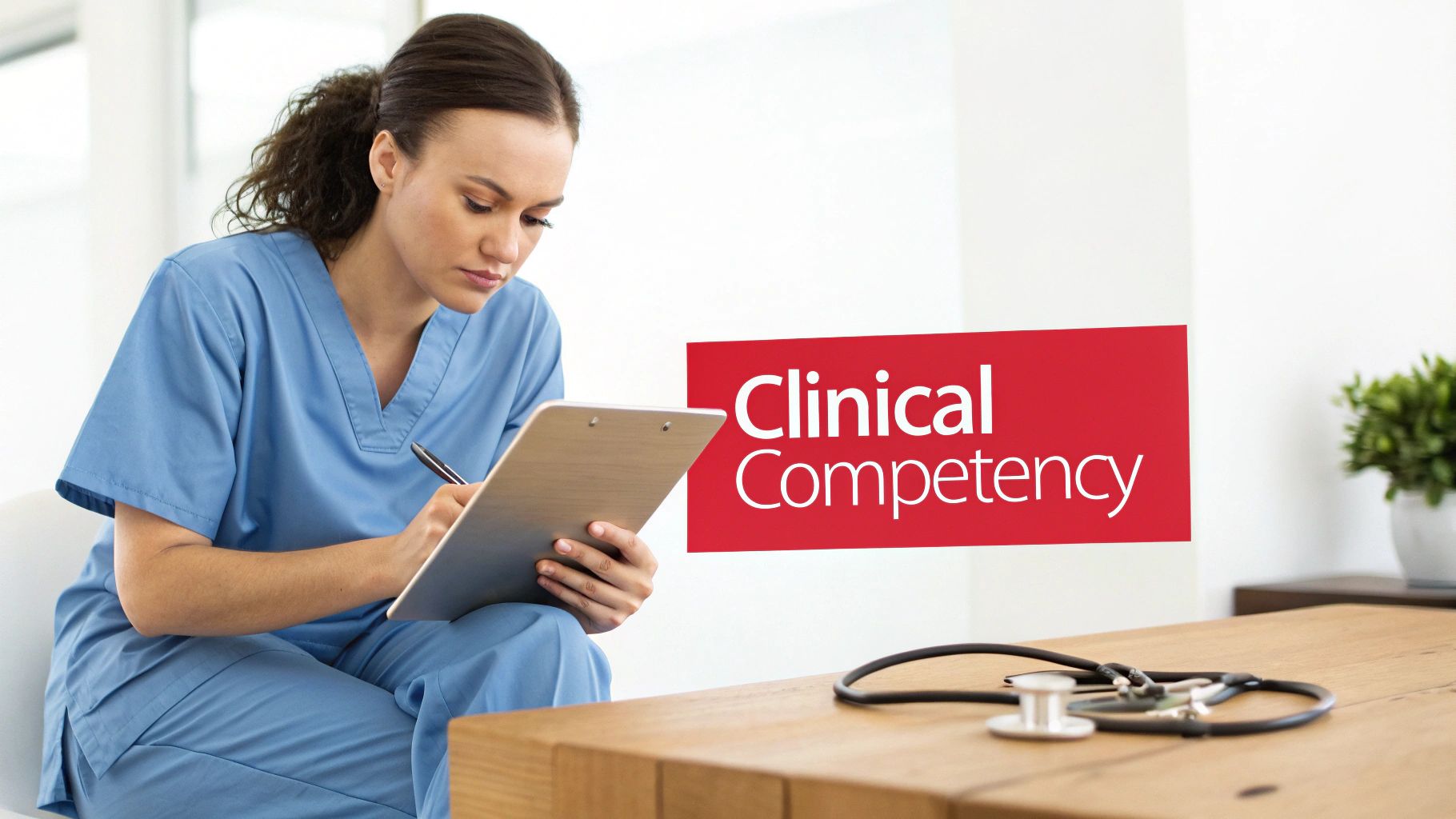 Healthcare professional in blue scrubs writing, with a 'Clinical Competency' sign and stethoscope.