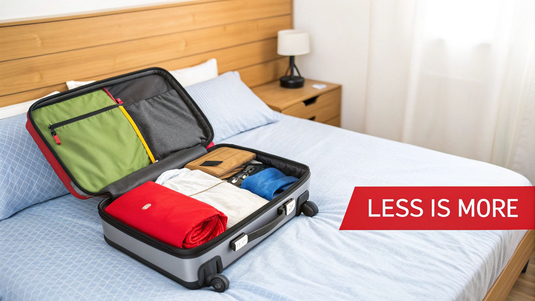 An open suitcase with neatly packed clothes rests on a bed, emphasizing efficient travel.