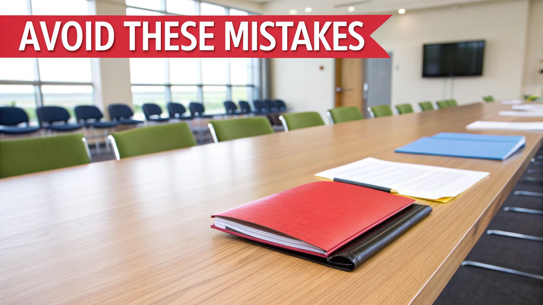 A long conference table with papers and folders in a professional meeting room, featuring a banner saying 'AVOID THESE MISTAKES'.