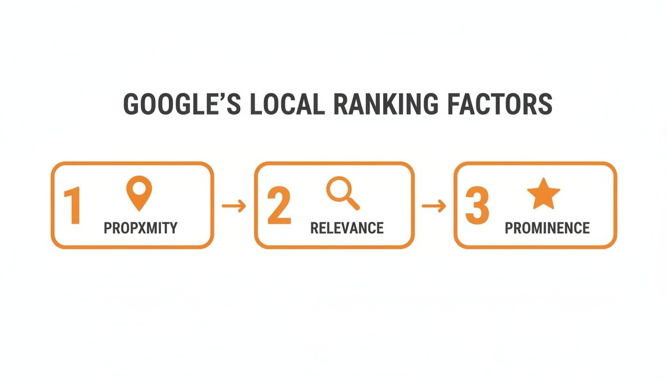 Infographic illustrating Google's local ranking factors: 1. Proximity, 2. Relevance, and 3. Prominence.