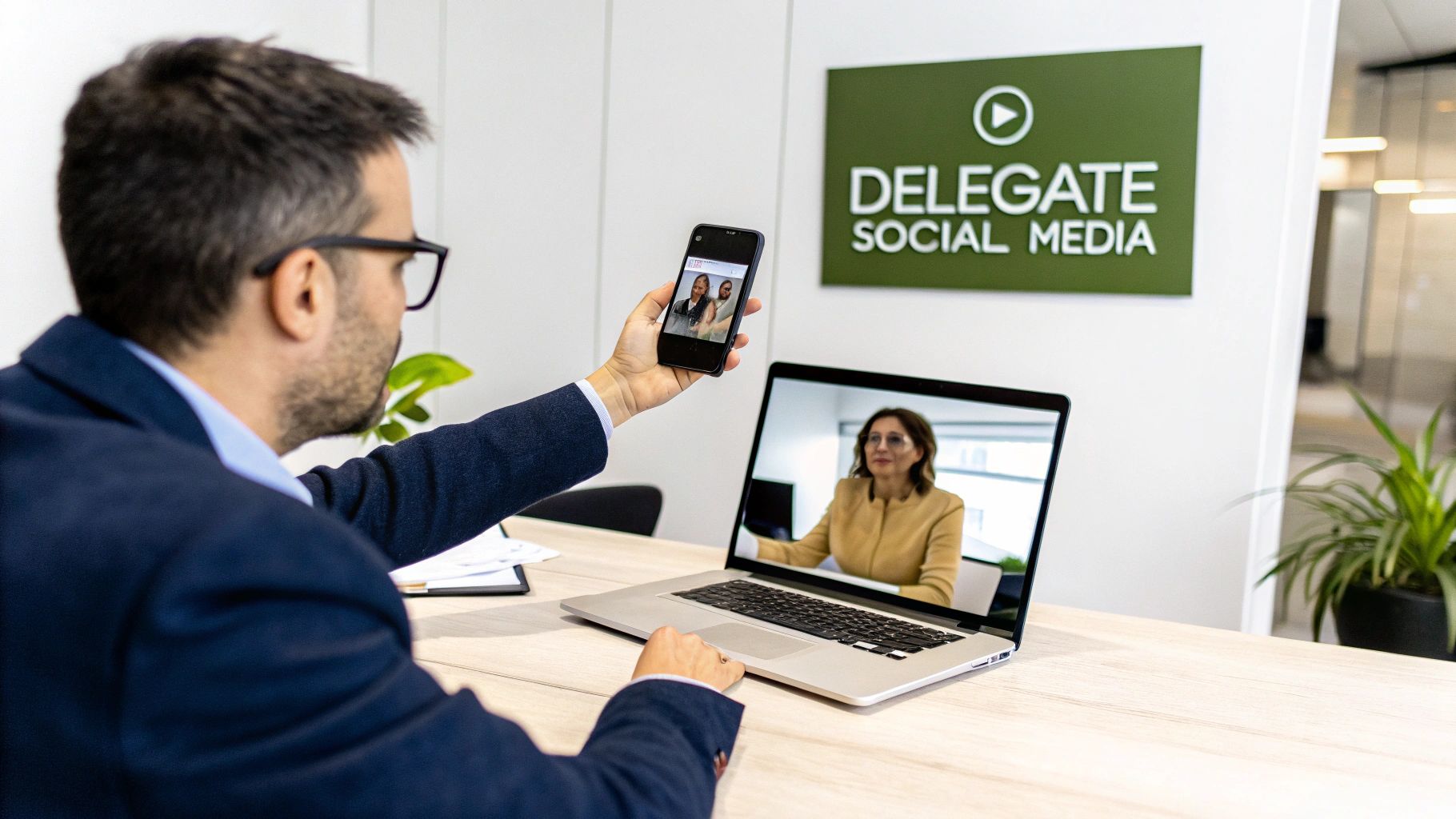 A man participates in a video conference on a laptop and smartphone, featuring a 'Delegate Social Media' sign.