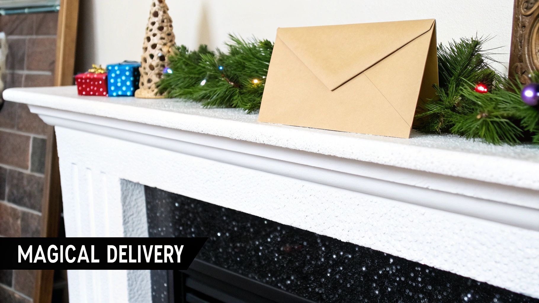 A beautiful letter from Santa sealed with wax next to a cup of cocoa and Christmas decorations