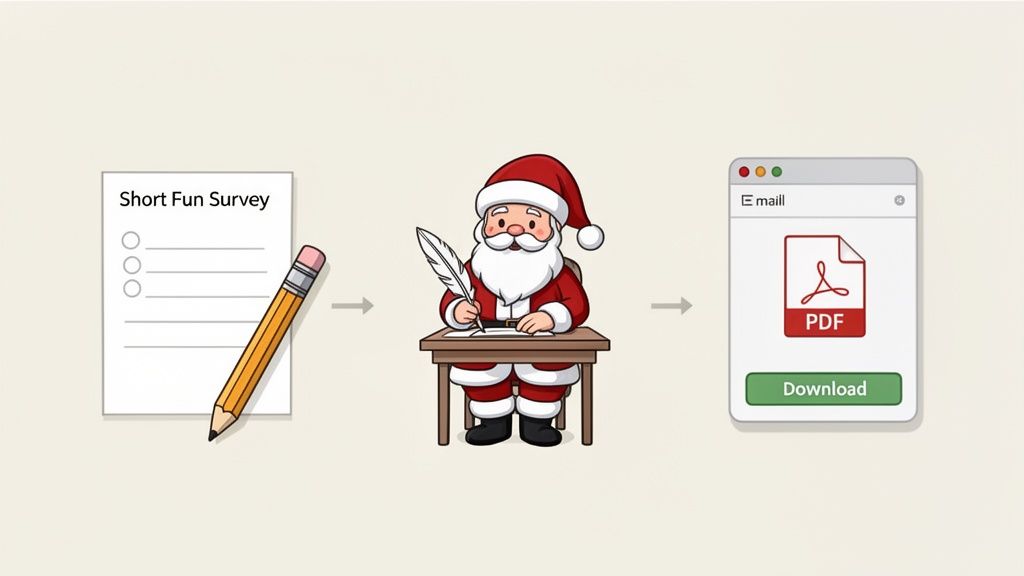 A graphic showing a short survey, Santa Claus writing, and an email with a downloadable PDF letter.