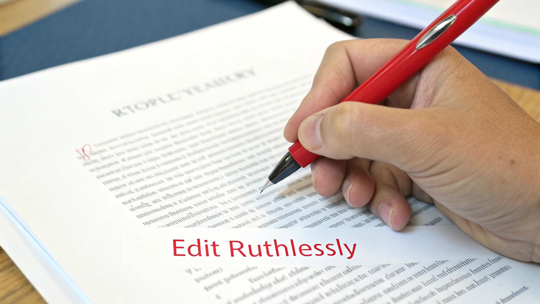 A person's hand with a red pen actively editing a document that says "Edit Ruthlessly."
