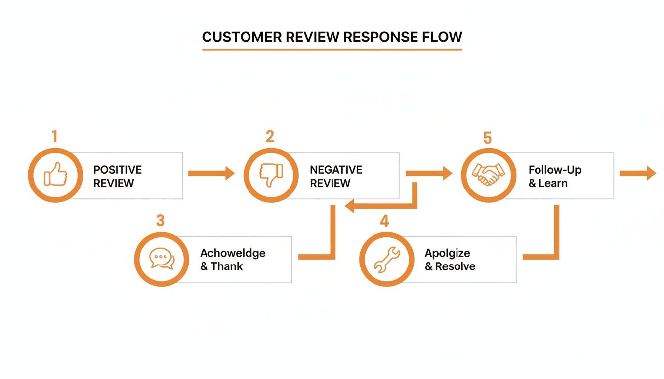 Flowchart illustrating a customer review response process with steps for positive and negative feedback.