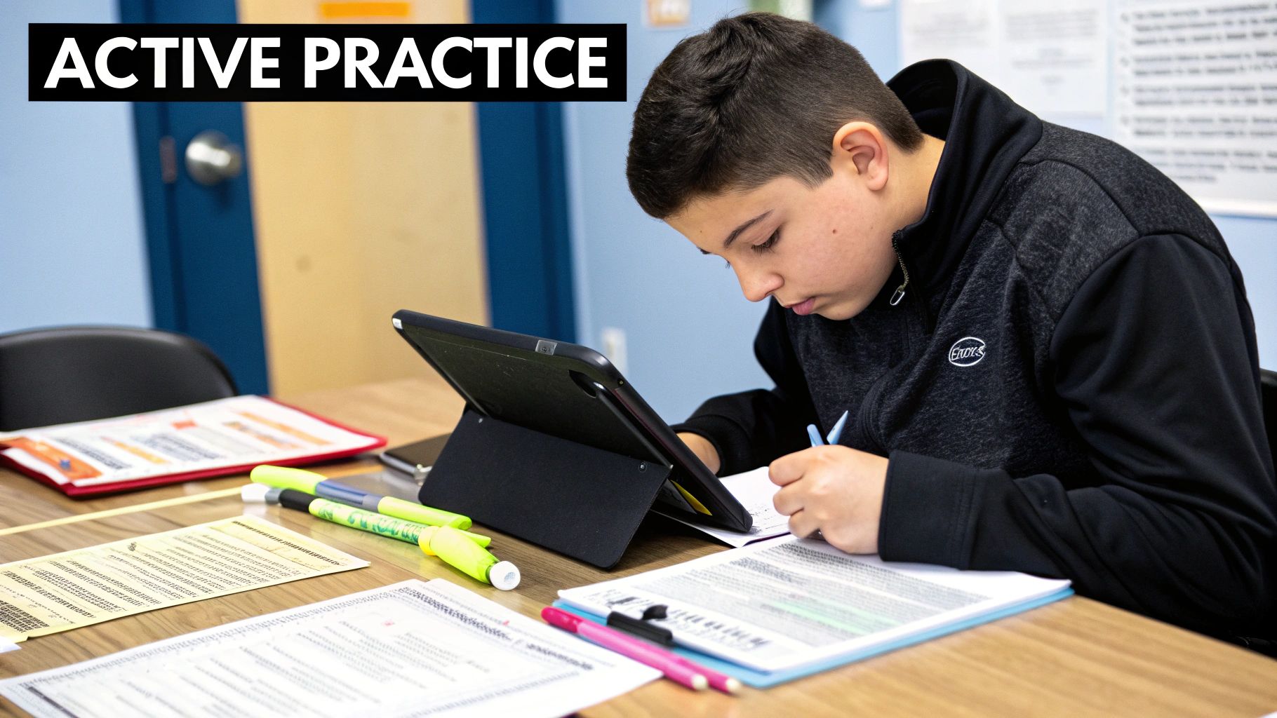 A student analyzing charts and graphs on a tablet, symbolizing the shift to practice and application.