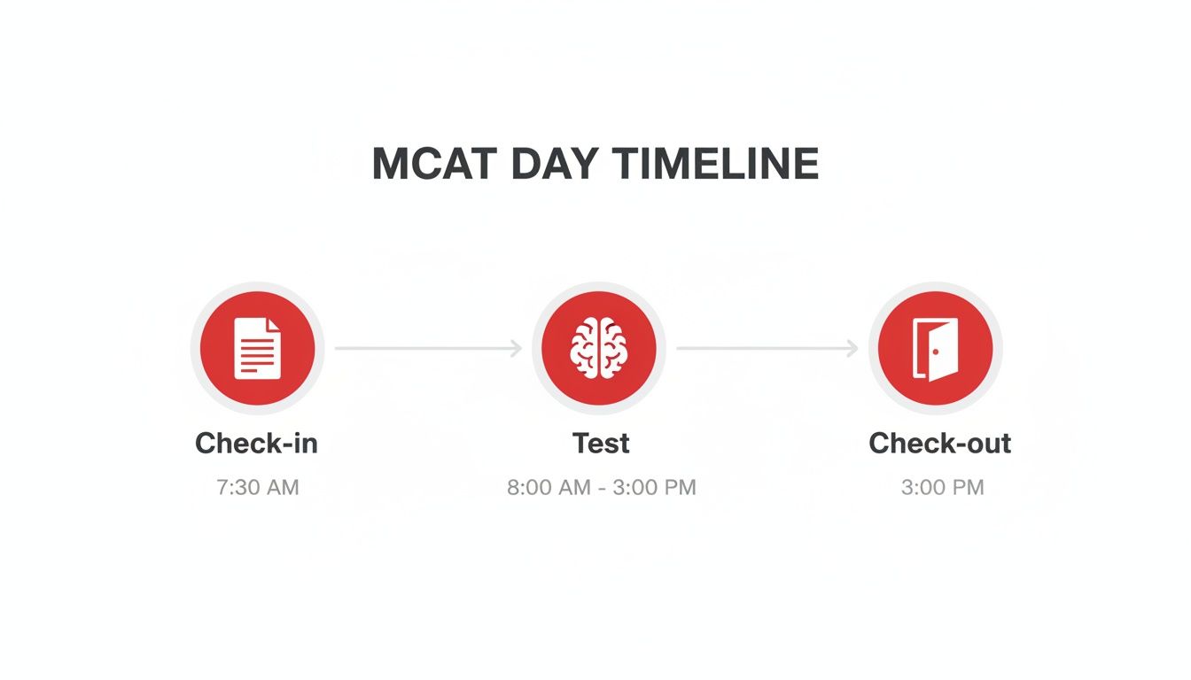 An MCAT test day timeline illustrating check-in, test, and check-out stages with corresponding times.