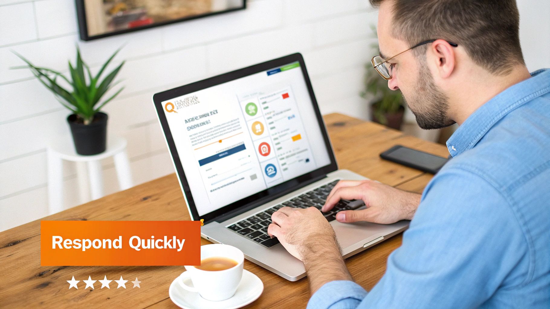 A man works on a laptop showing a digital dashboard for quick response and ratings.