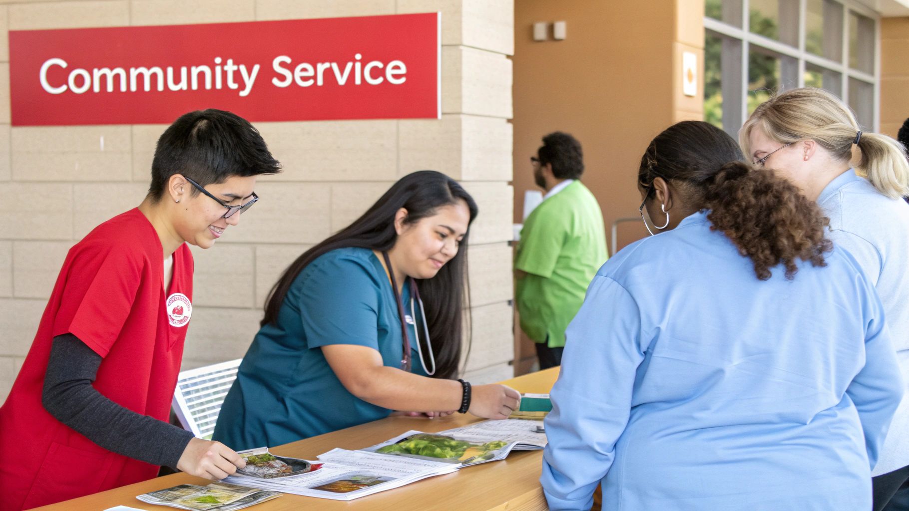 People in medical scrubs smiling and engaging at a community service event booth.