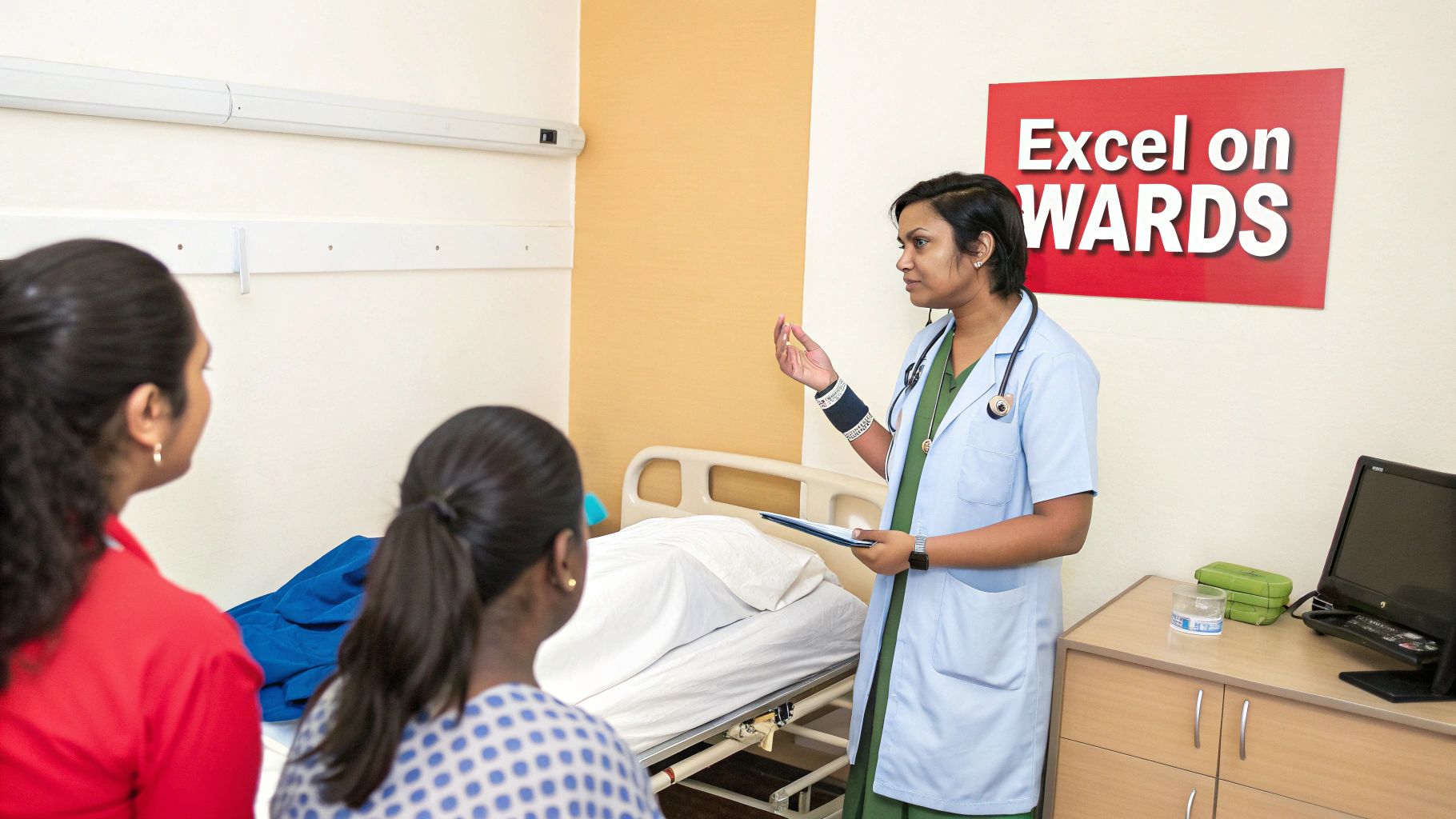 A female doctor in a lab coat with a stethoscope teaches two medical students during clinical training.