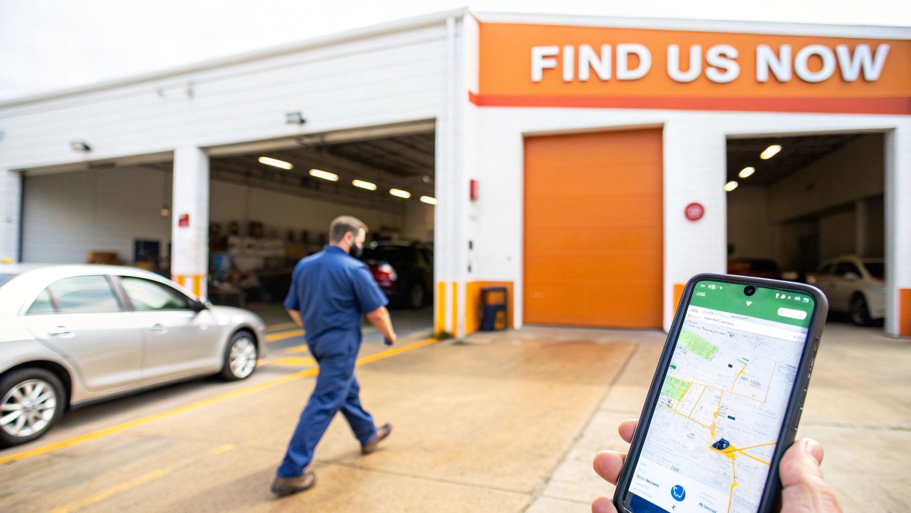 A hand holds a smartphone displaying a map to an automotive repair shop, with a mechanic walking inside.