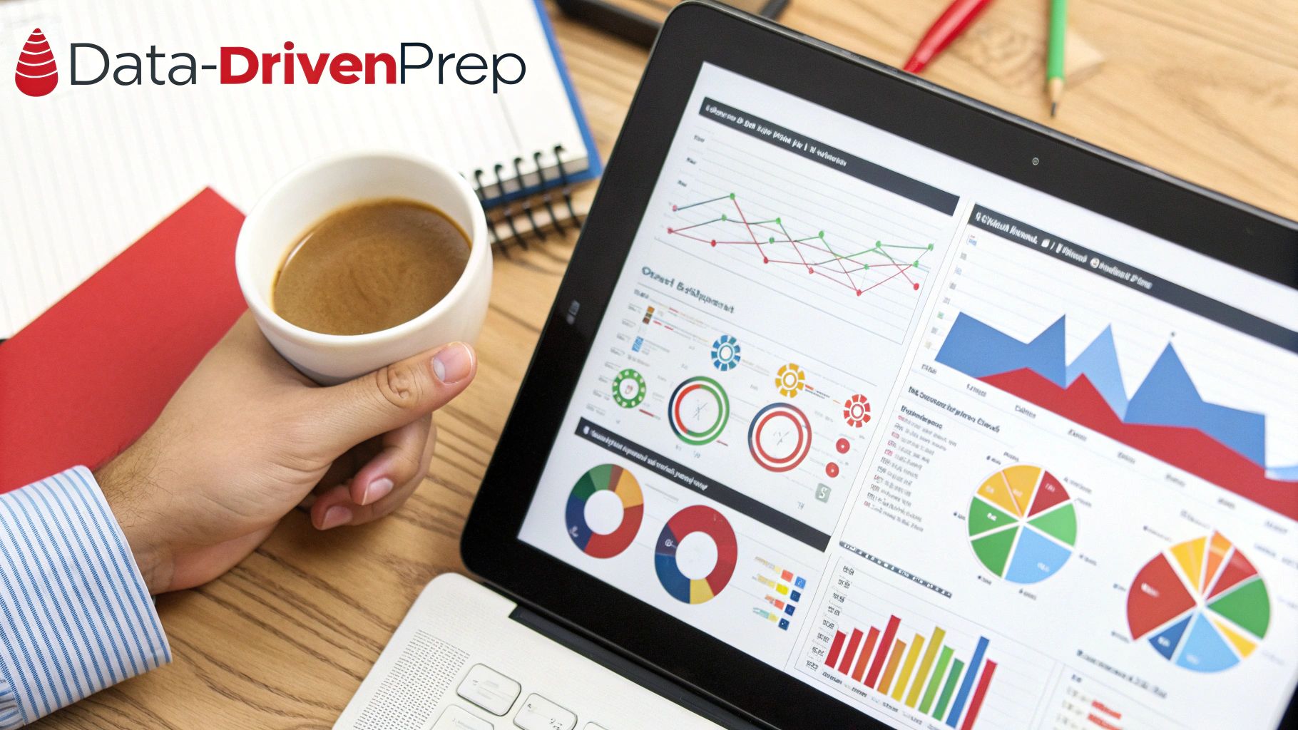A person holds a coffee while analyzing data visualizations on a tablet, showcasing data-driven insights.