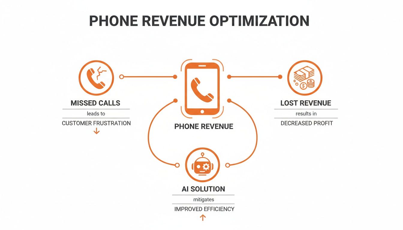 Diagram illustrating phone revenue optimization, showing how missed calls lead to frustration and lost revenue, mitigated by an AI solution for efficiency.