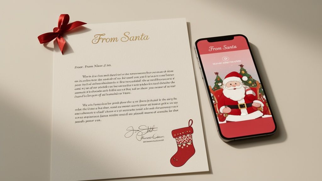 A letter from Santa with a red ribbon and stocking, beside a smartphone playing a Santa video.