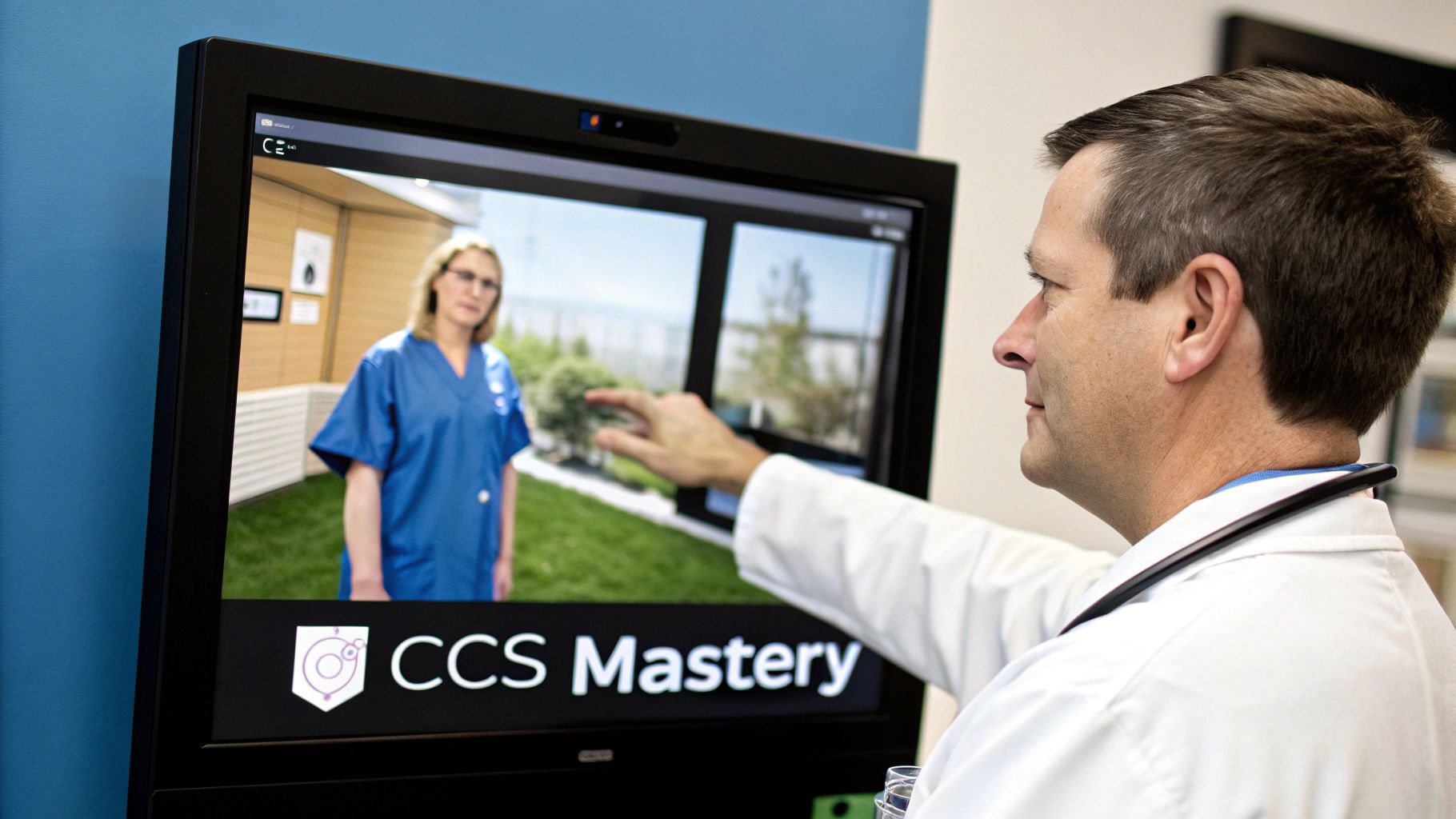 A medical professional using a computer interface to manage patient simulations.