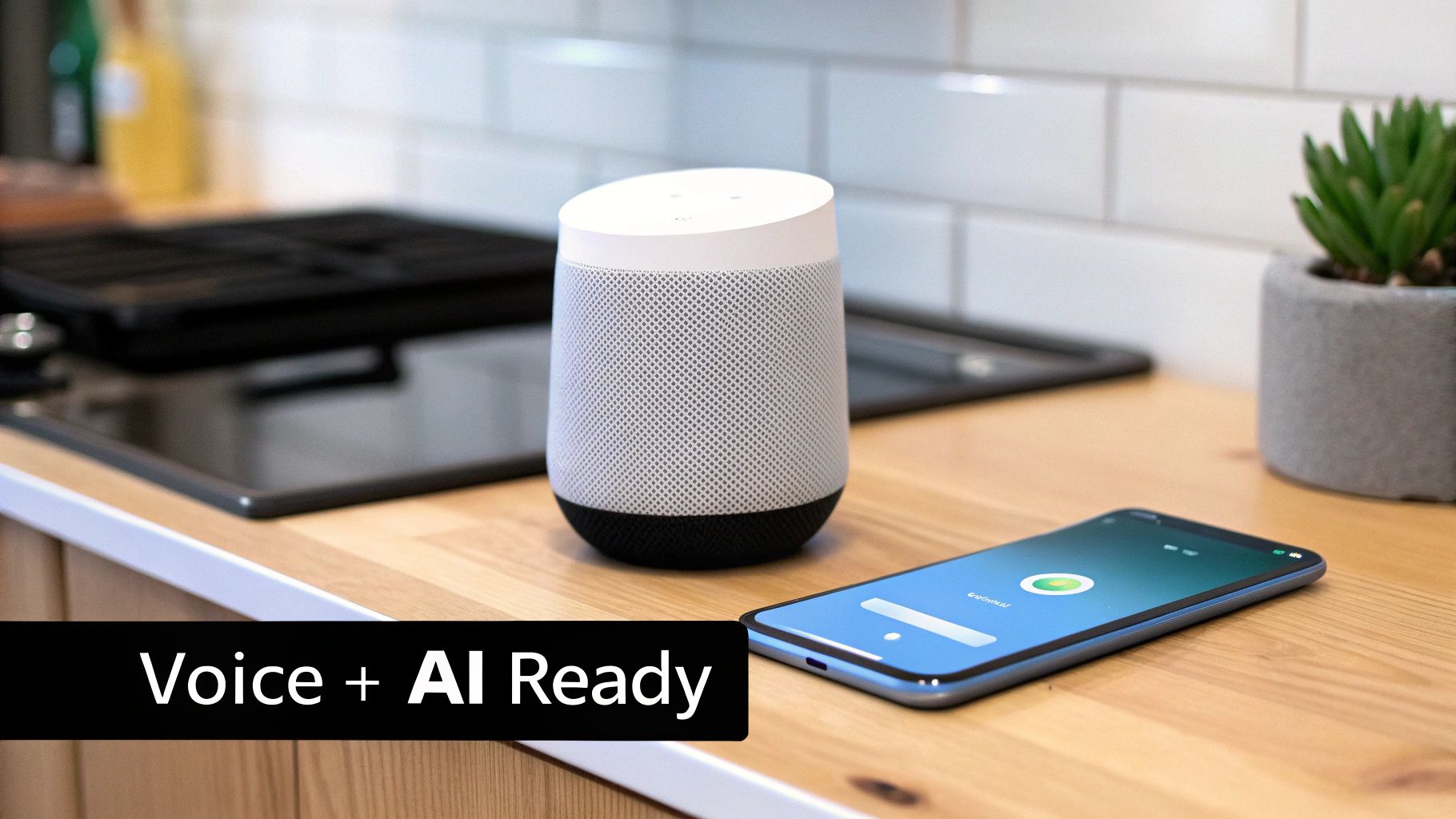 A person using voice search on their smartphone, with sound waves emanating from the device.