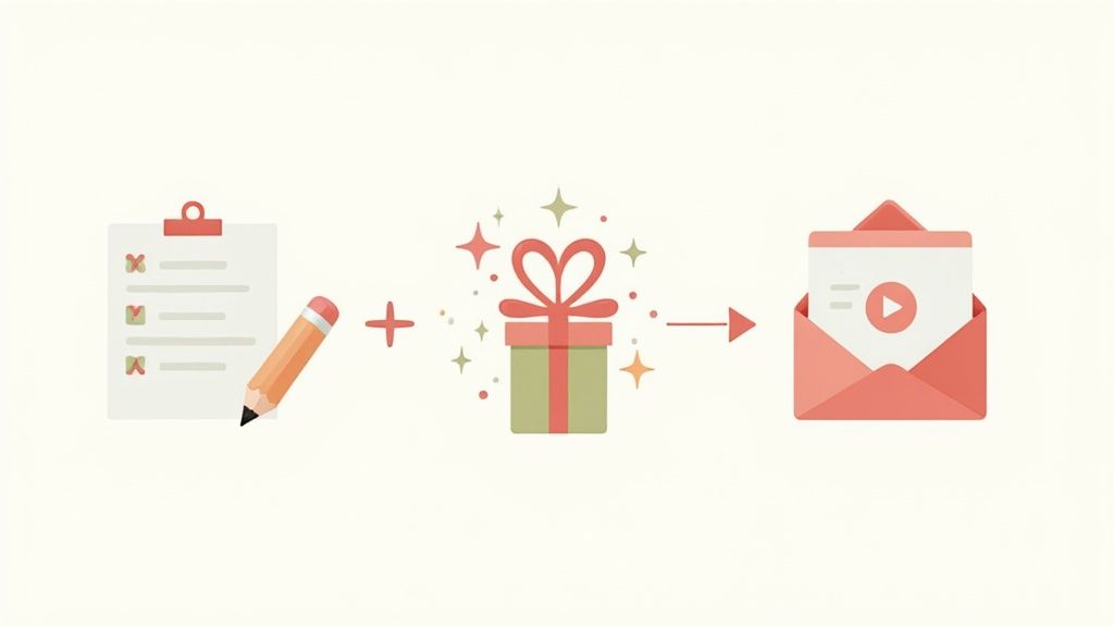 Illustration showing a checklist and pencil, a sparkling gift, and an envelope delivering a video message.