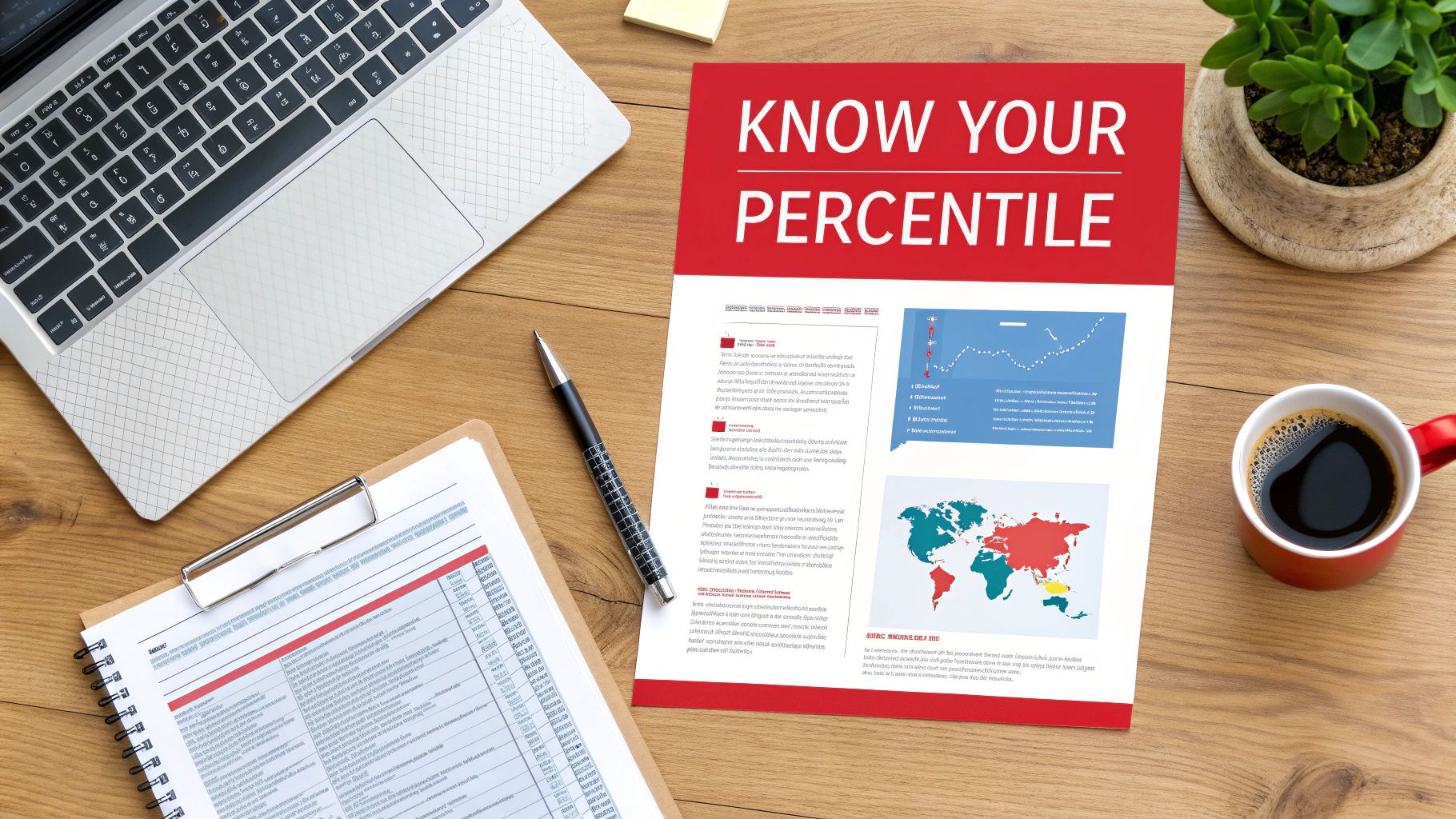 A top-down view of a wooden study desk with a laptop, coffee, and percentile documents.