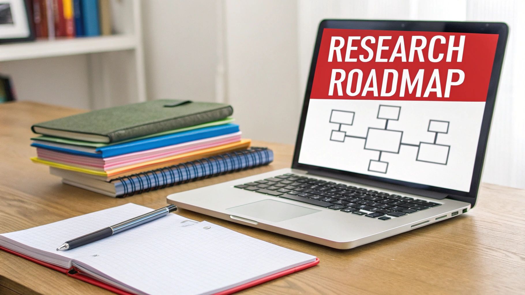 A laptop screen displays 'RESEARCH ROADMAP' and a flowchart, with notebooks and a pen on a desk.