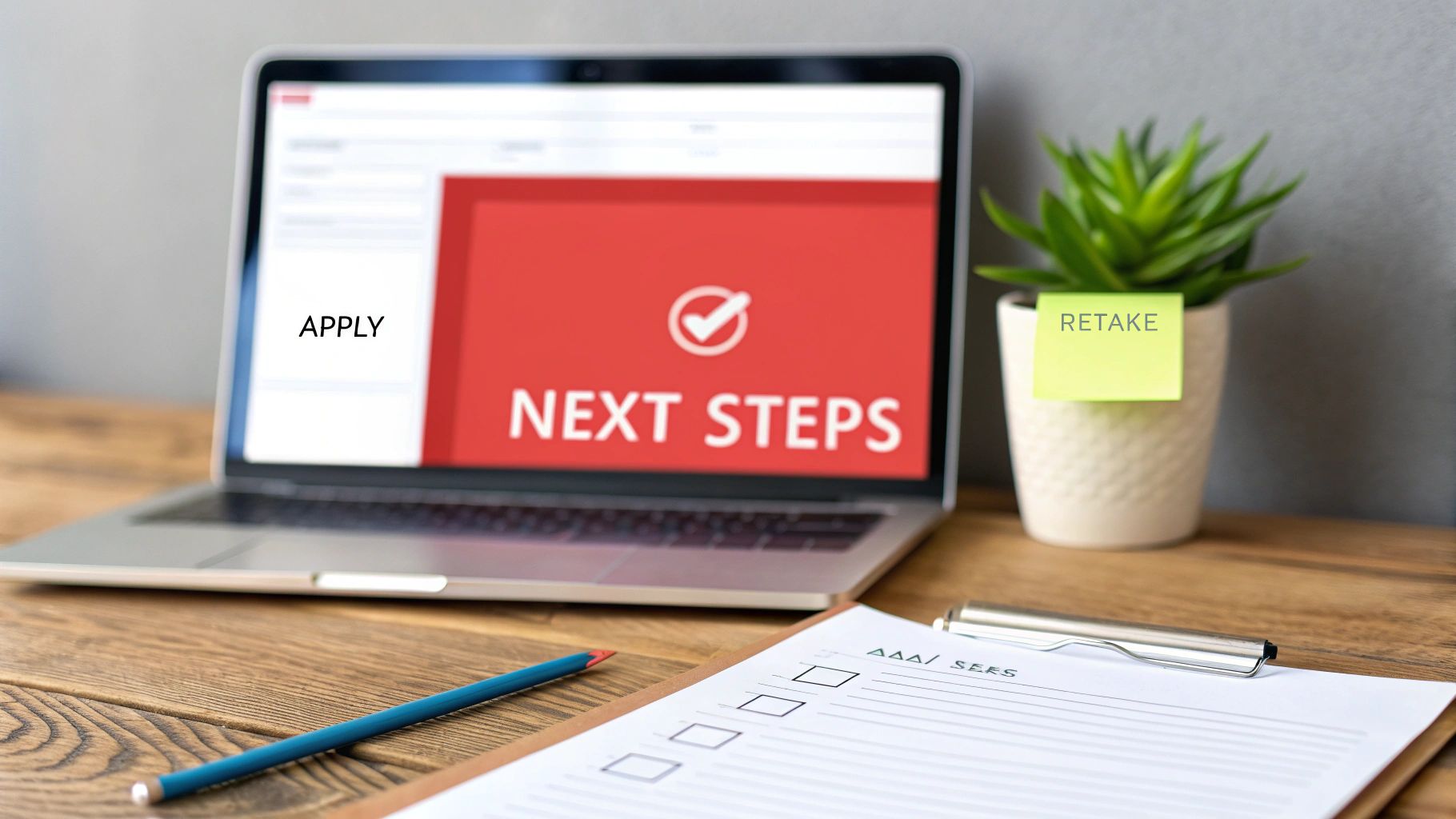 A laptop displays 'NEXT STEPS' and 'APPLY', with a plant holding a 'RETAKE' note and a checklist.