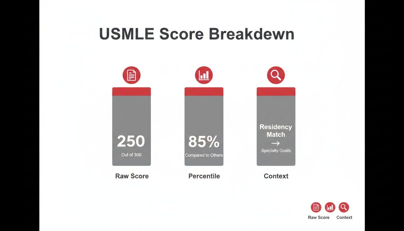 USMLE score breakdown showing raw score of 250, 85th percentile, and context for residency match.